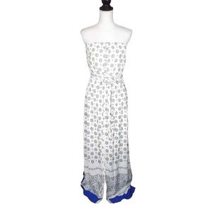 Old Navy Printed Strapless Button Front Long Maxi Dress White Blue Size Small